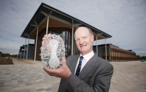 David Willetts with glass sculpture of virus 'Smallpox'